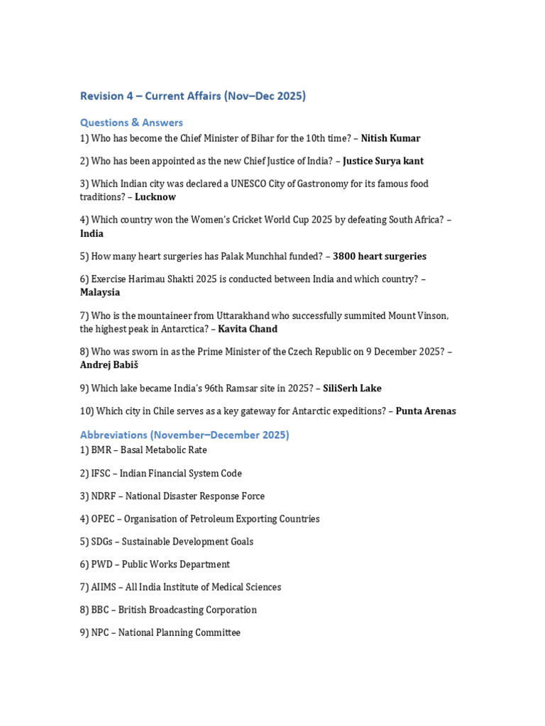 Revision 4 Current Affairs Nov Dec 2025 | PDF