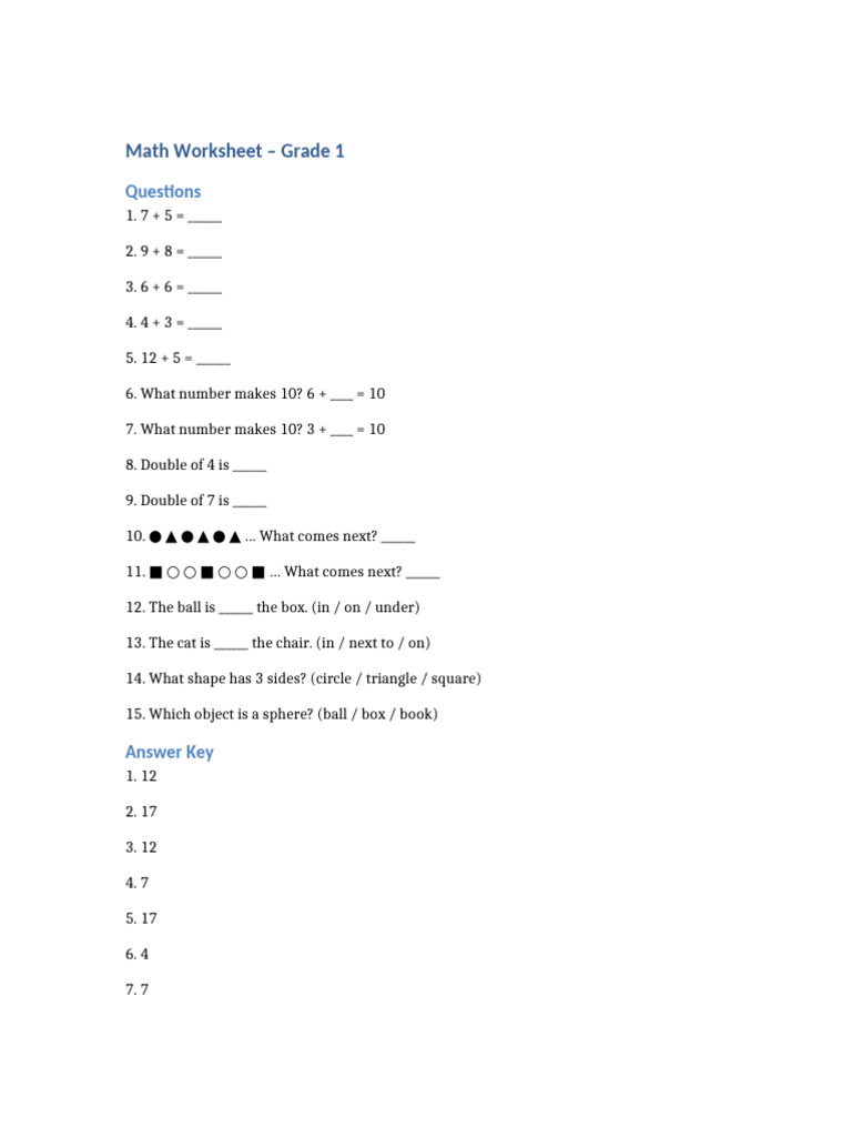 Math Grade1 Worksheet | PDF