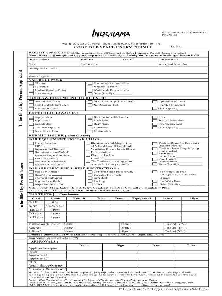 Confined Space Entry Permit Format | PDF | Safety | Occupational Safety ...