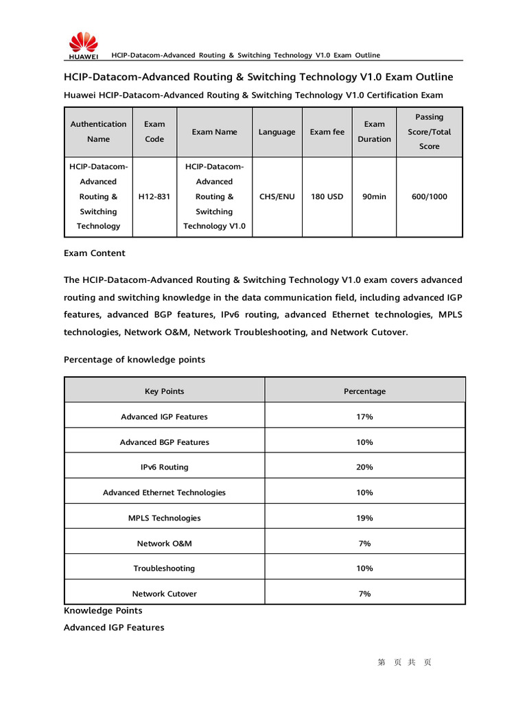 HCIP-Datacom-Advanced Routing Switching Technology V1.0 Exam Outline ...