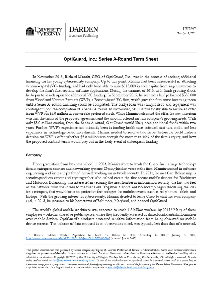 OptiGuard, Inc. Series A-Round Term Sheet | PDF | Computer Security ...