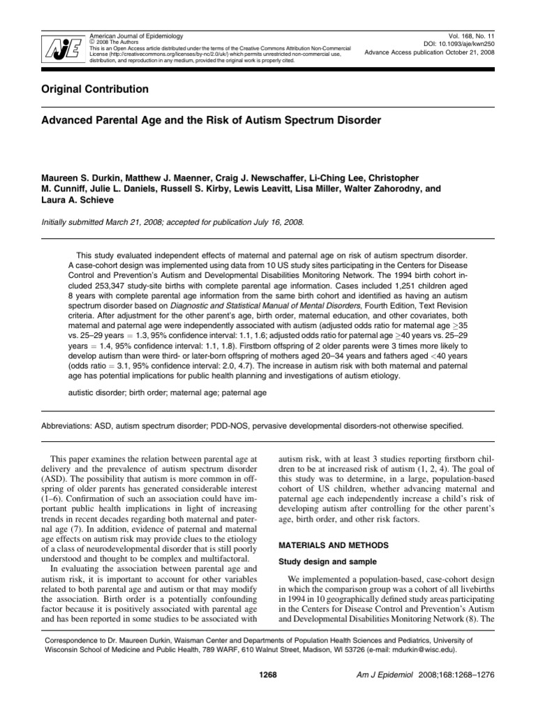 Advanced Parental Age and The Risk of Autism Spectrum Disorder | PDF ...
