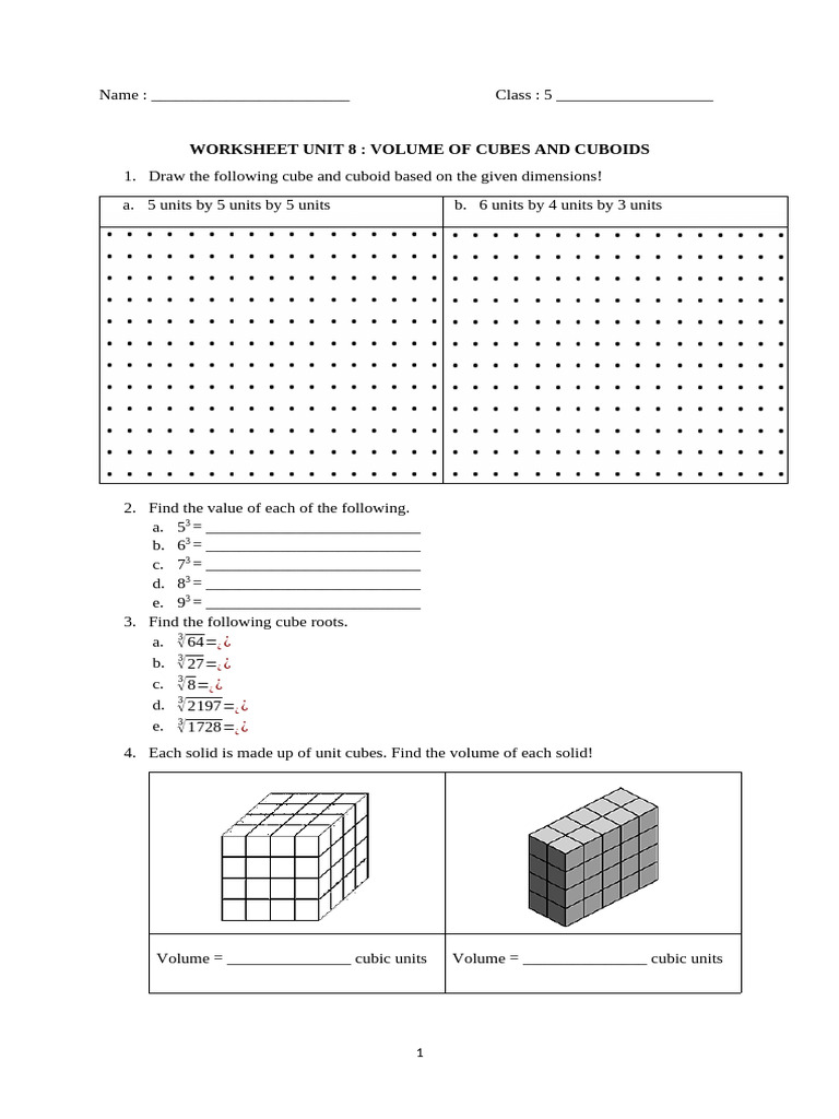 Worksheet Unit 8 Volume Cube and Cuboid | PDF | Volume | Chess Theory