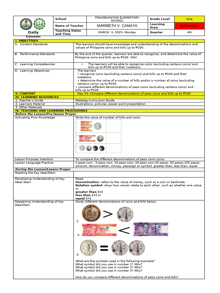 DLP q4 Math Week 4 March 3-7-2025 | PDF | Coins | Currency