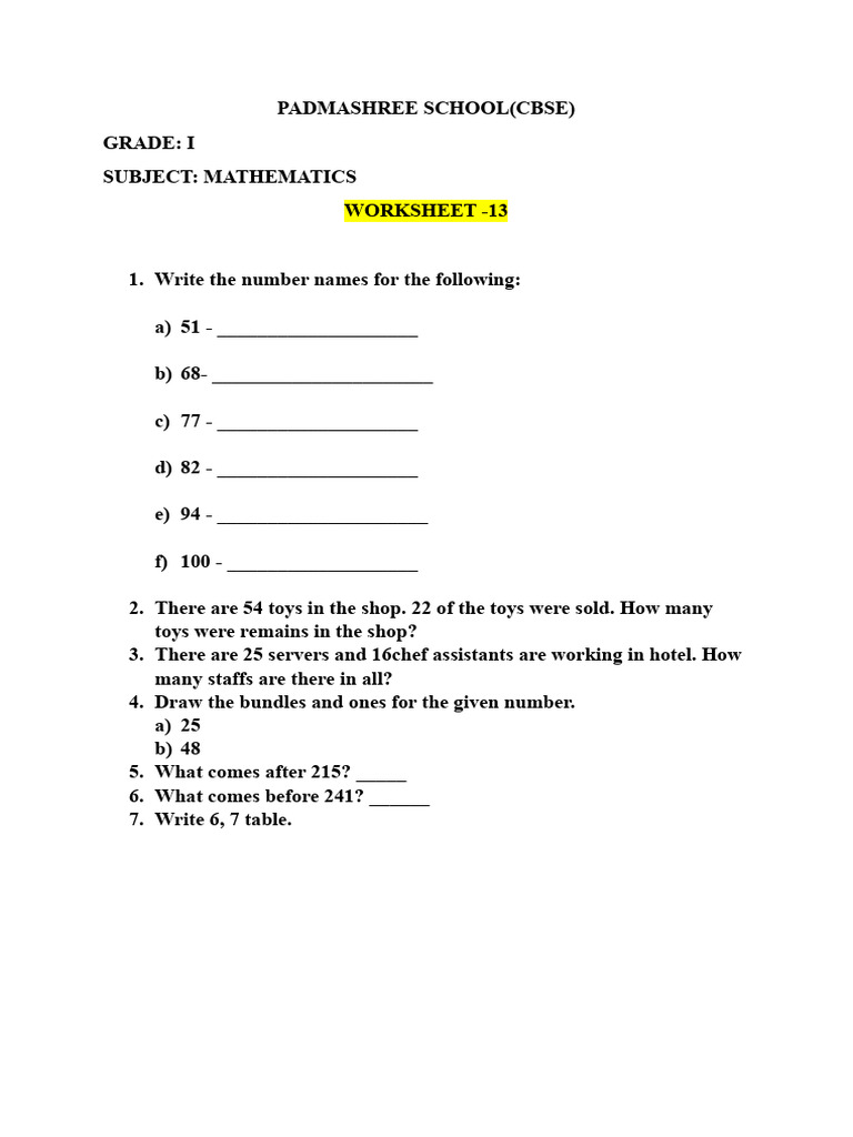 GRADE 1 Maths WS 13 | PDF
