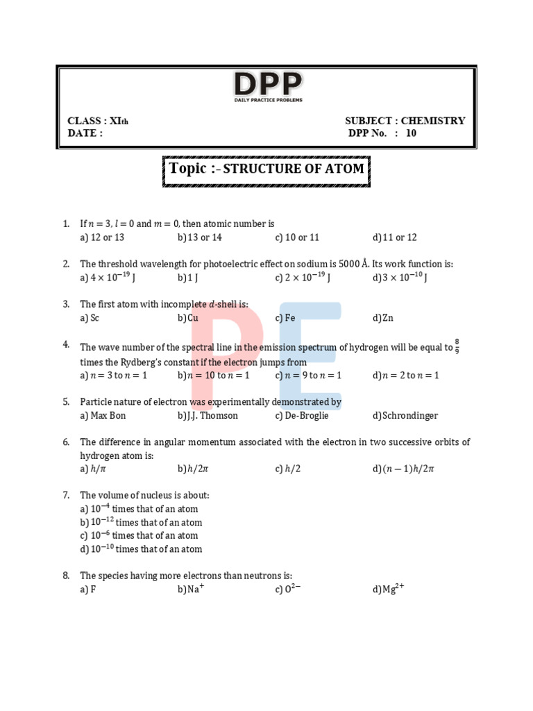 Structure of Atom DPP 10 | PDF | Electron | Atoms
