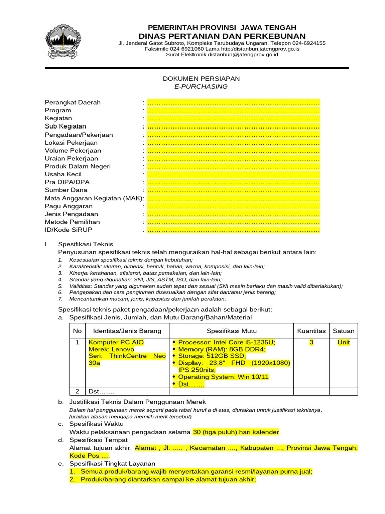 Contoh Dokumen Persiapan E-Purchasing | PDF