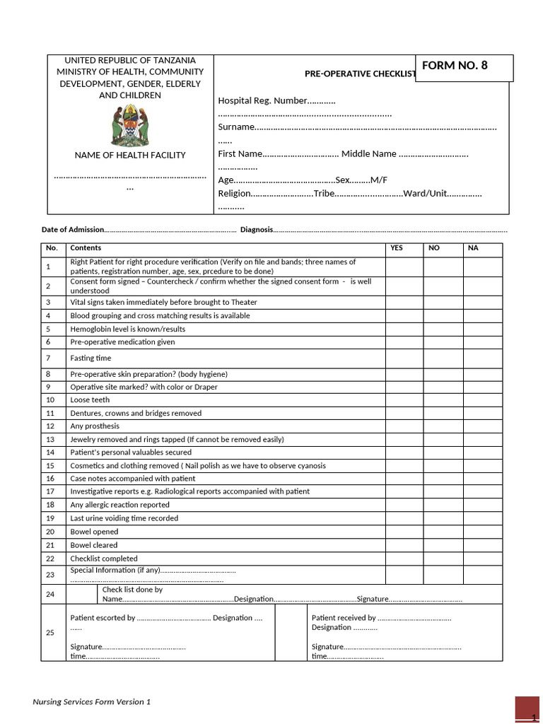 Pre Operative Nursing Checklist | PDF | Medical Specialties | Health Care