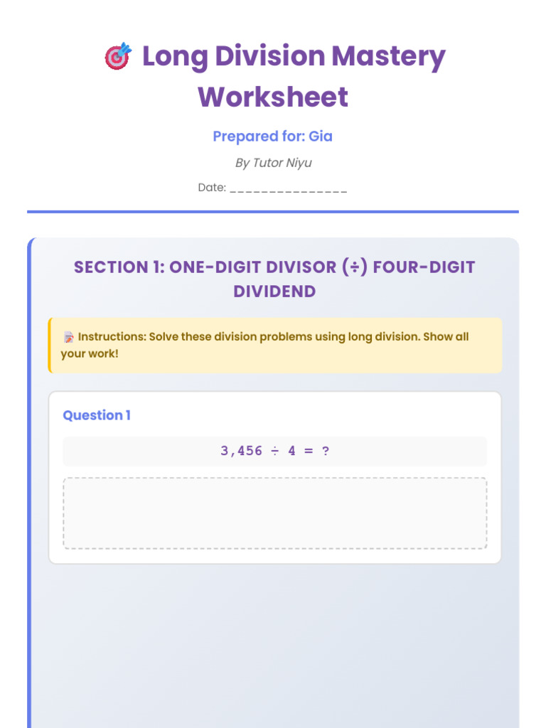 Long Division Worksheet - Gia | PDF | Division (Mathematics)