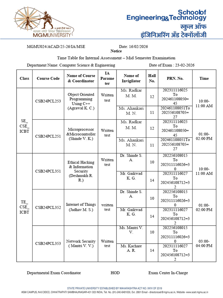 MSE Time Table Day 1 - 23rd Feb 2026 | PDF | Computing | Engineering