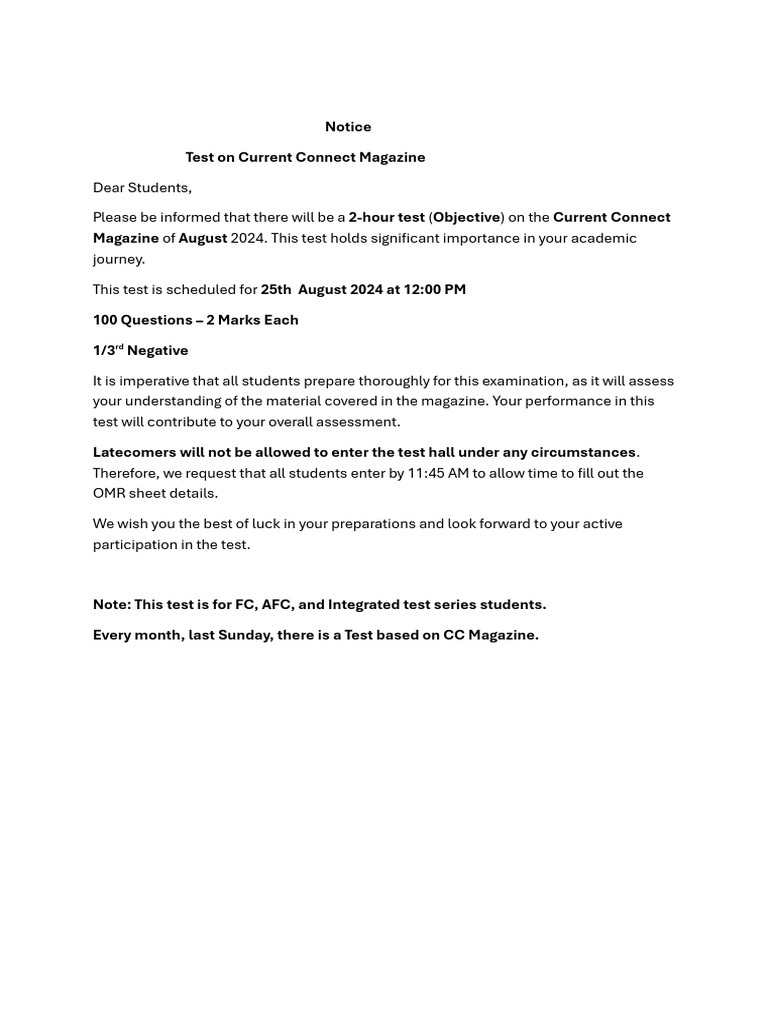 Notice For CC Test | PDF