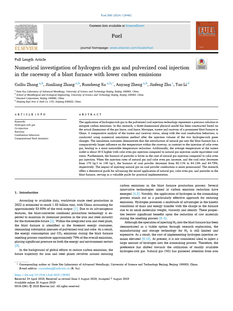 Numerical Investigation of Hydrogen Rich Gas and Pulverized Coal Inj ...