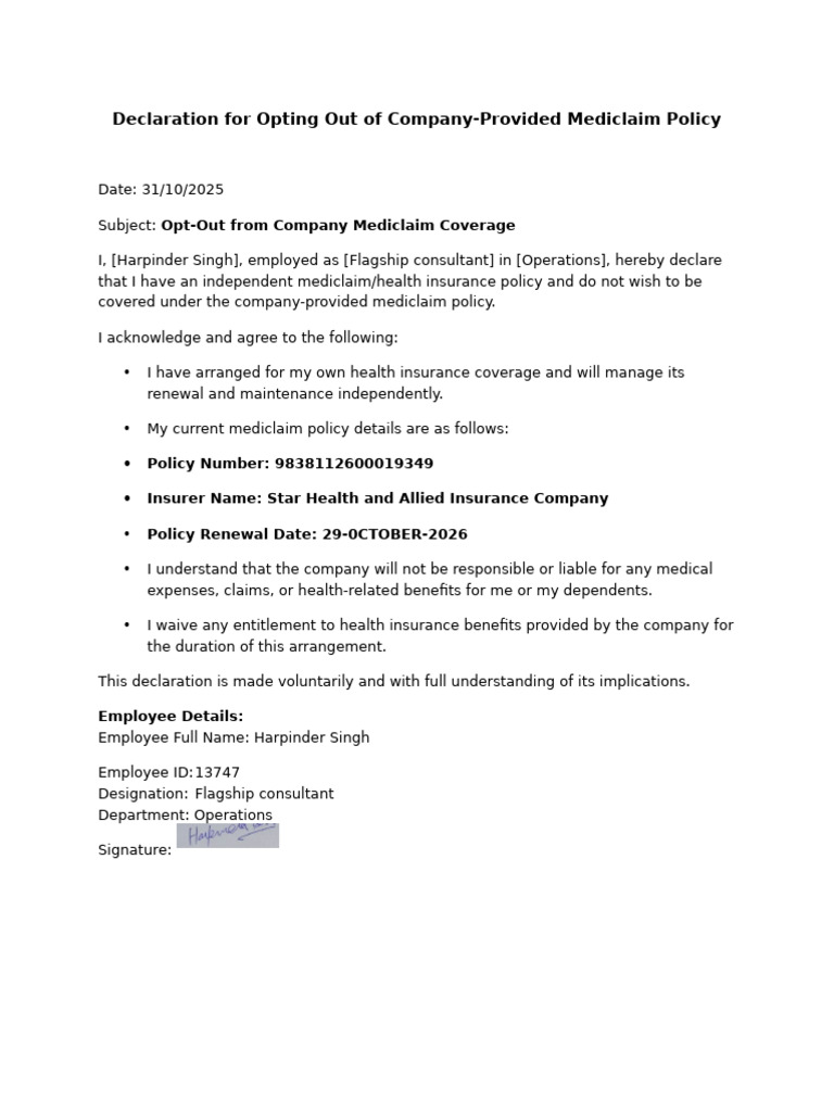 Declaration for Mediclaim Opt Out | PDF