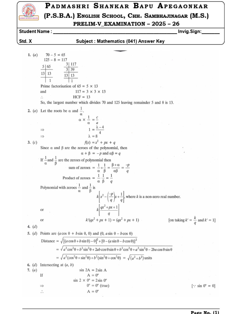 STD.X Mathematics Prelim V Answer Key | PDF