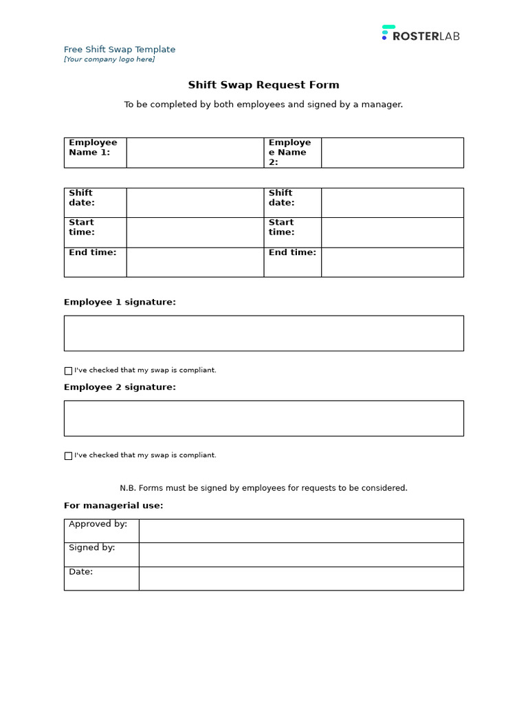 Shift Swap Request Form Template RosterLab | PDF