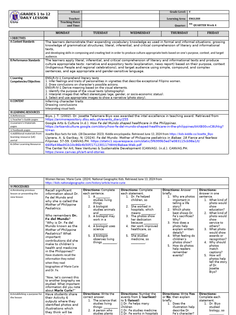 DLL English 5 Q4 W4 | PDF | Reading Comprehension