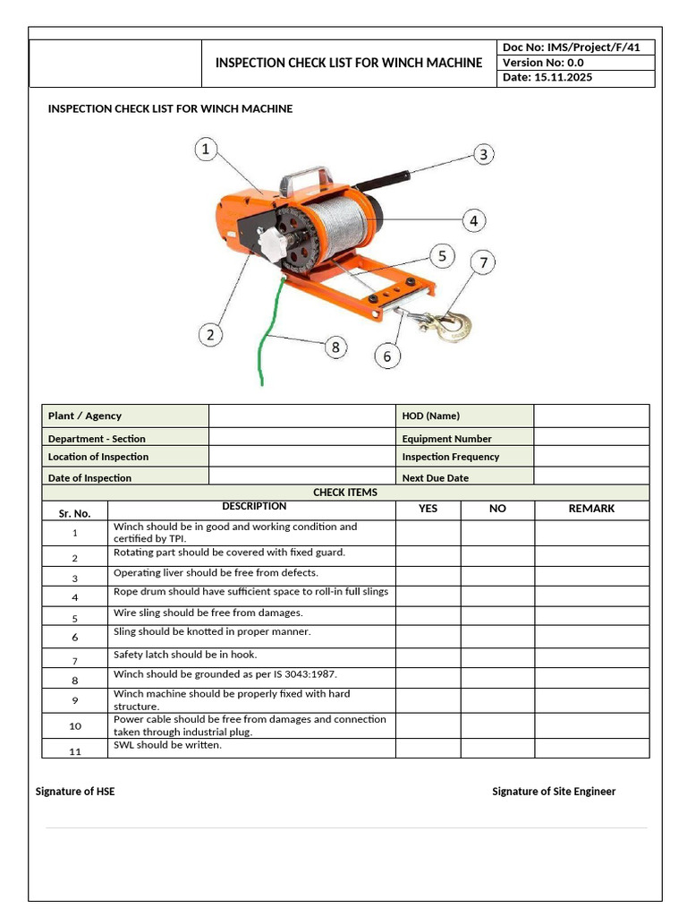 Ims - Project - F - 41 - Inspection Check List For Winch Machine | PDF
