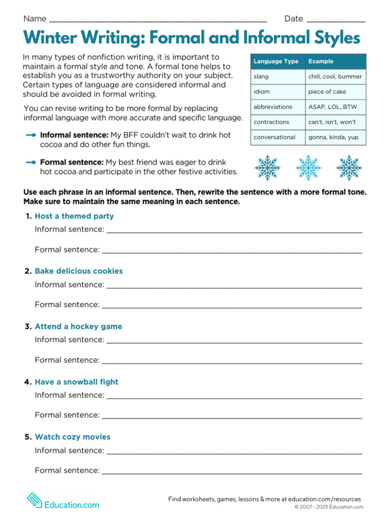 Winter Writing Formal and Informal Styles | PDF
