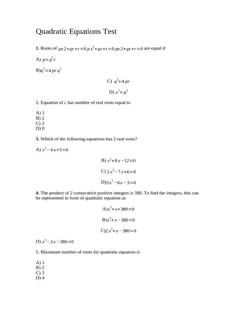 Quadratic Equations Test | PDF | Numbers | Mathematics