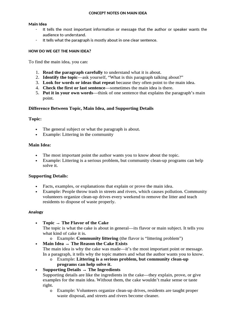Concept Notes On Main Idea | PDF