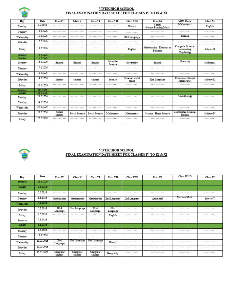 Circular 20260114160539 Final Date Sheet For Class IV To Ix and Xi | PDF