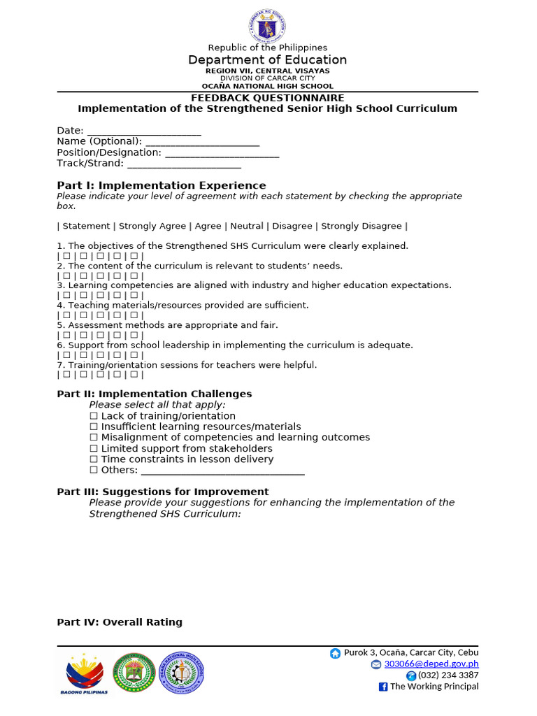 Feedback Questionnaire For SHS Pilot Implementation | PDF | Curriculum