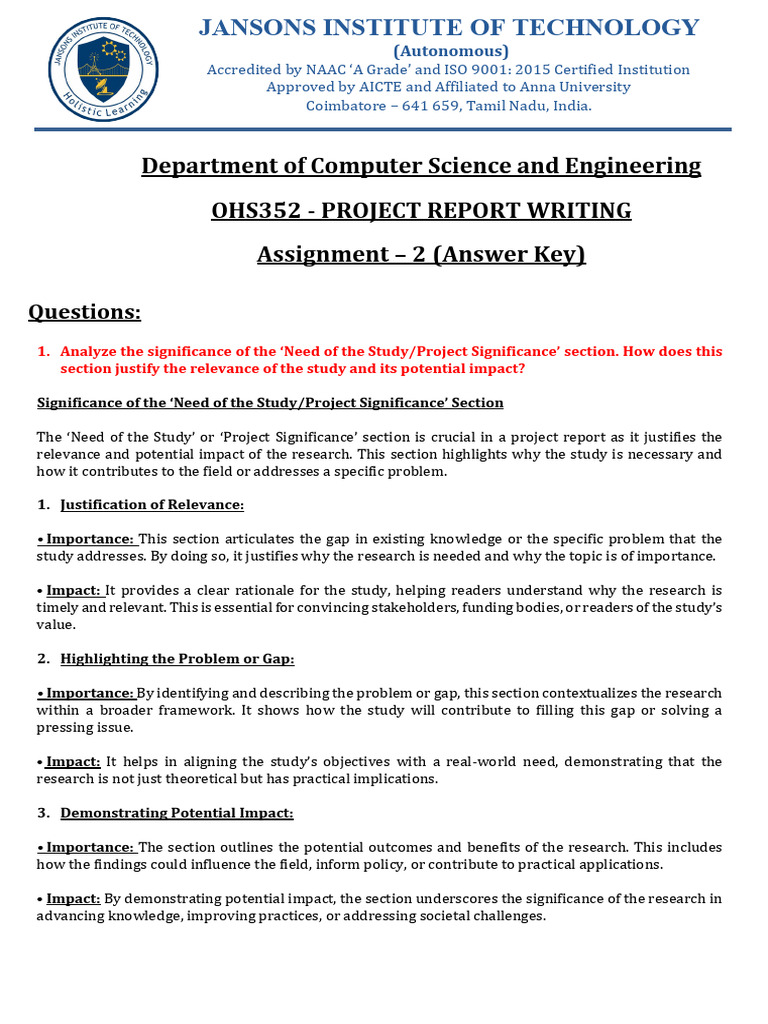 Ohs352 - Project Report Writing _ Assignment 2 - Answer Key | PDF