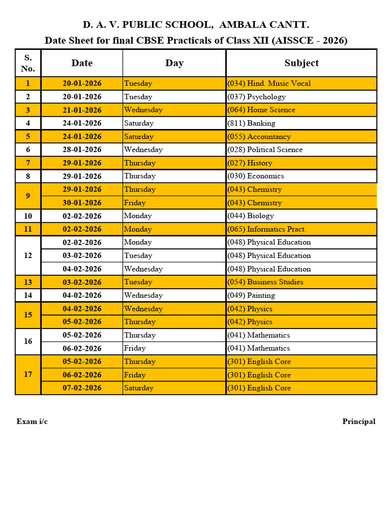 Circular 20260119095409 2025-26 Practical Date Sheet For Students | PDF