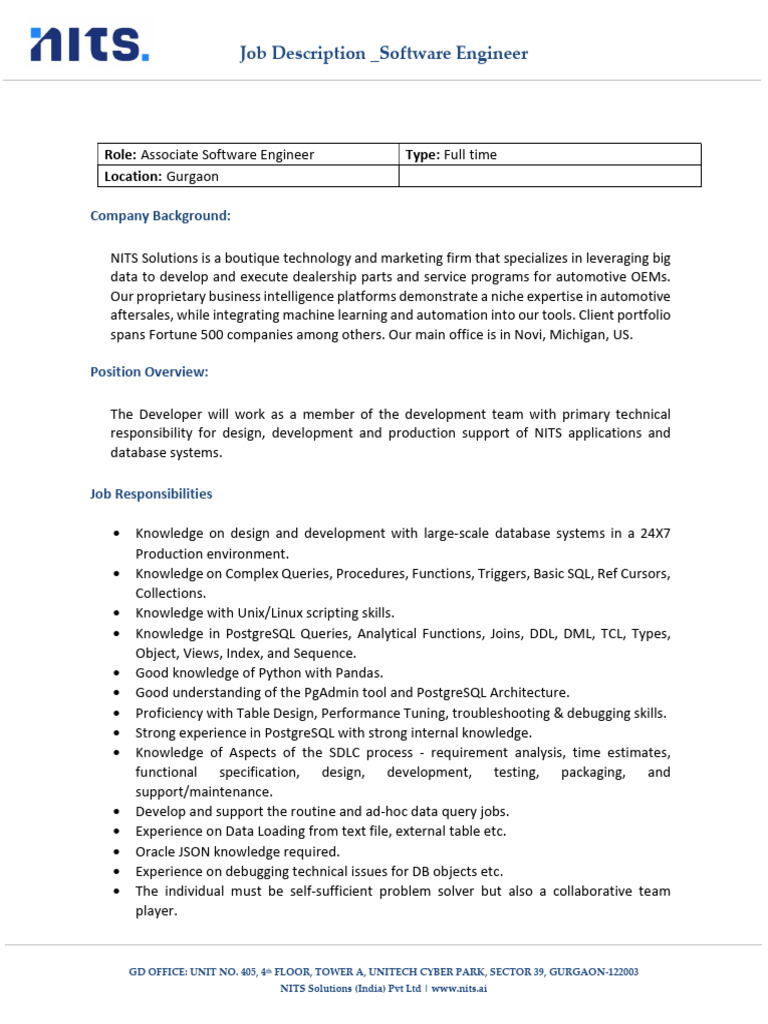 JD - Associate Software Engineer (Python + SQL) | PDF | Postgre Sql ...