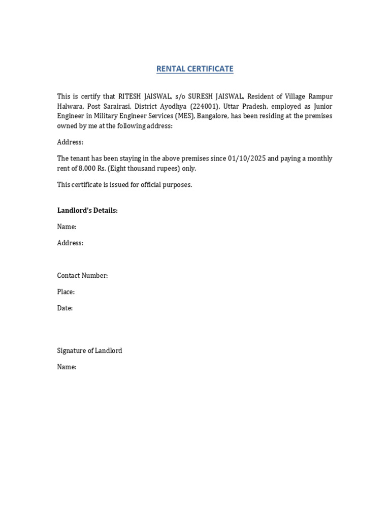 Rental Certificate | PDF
