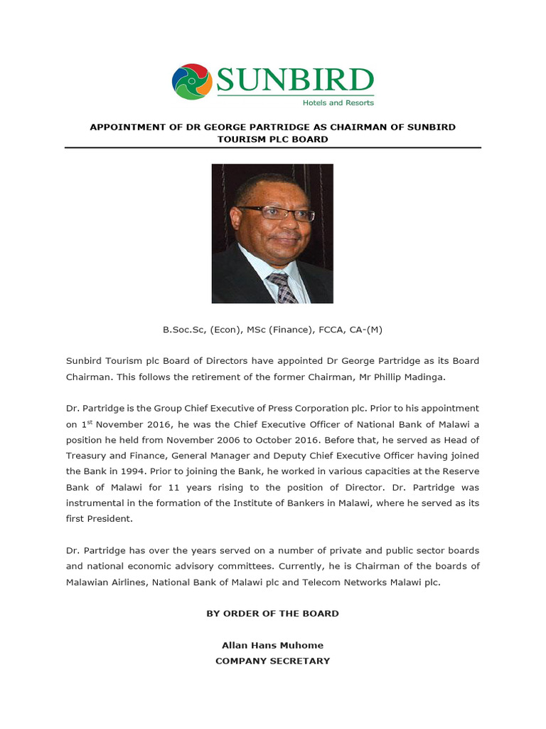 Sunbird Plc-Appointment of Dr George Partridge as Chairman | PDF