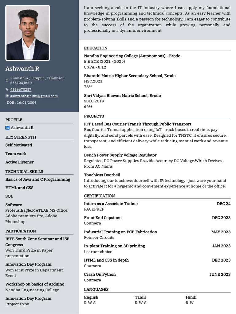 Ashwanth R - Resume-1 - Ashwanth | PDF | Power Supply | Electrical ...