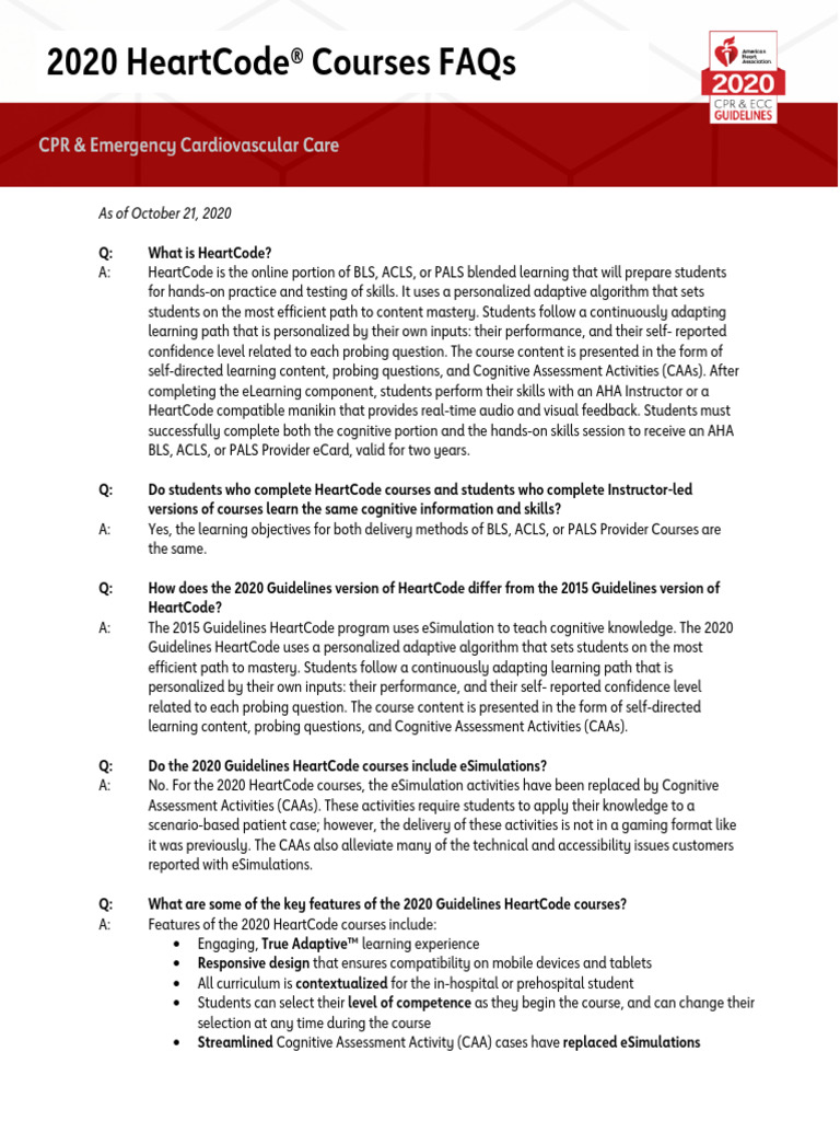 336_2020_Guidelines_HeartCode_FAQs_10-21-20 | PDF | Educational ...