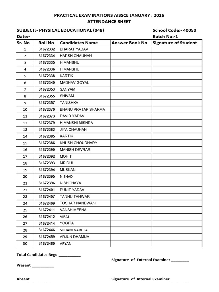 Phy. Edu. Practical (New) Attendance Sheet JANUARY | PDF
