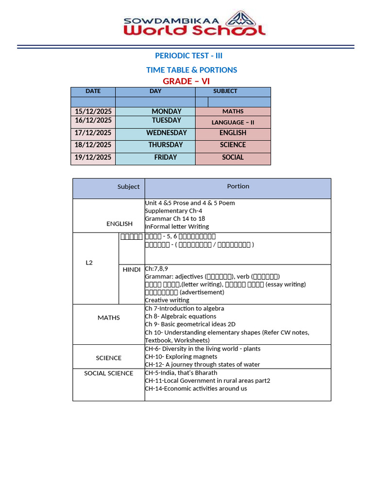 Grade-6-Time Table & Portions | PDF