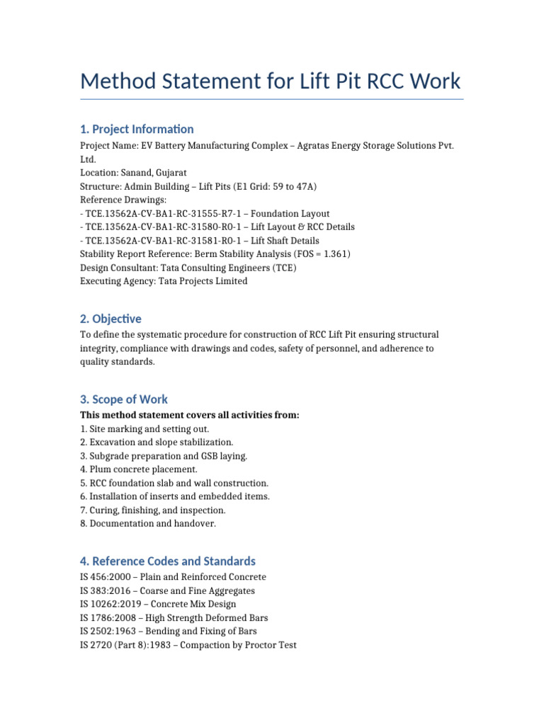 Method Statement Lift Pit RCC Work | PDF | Concrete | Civil Engineering