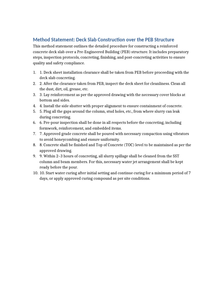 Detailed Deck Slab Method Statement | PDF