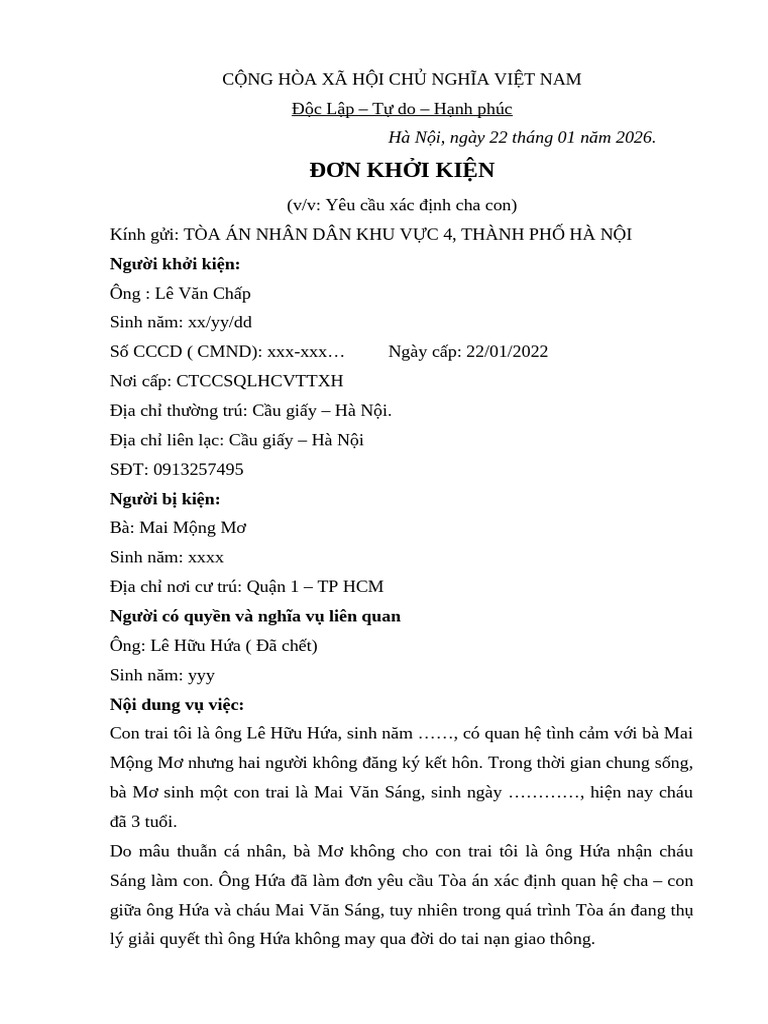 Đơn khởi kiện xác định cha cho con | PDF