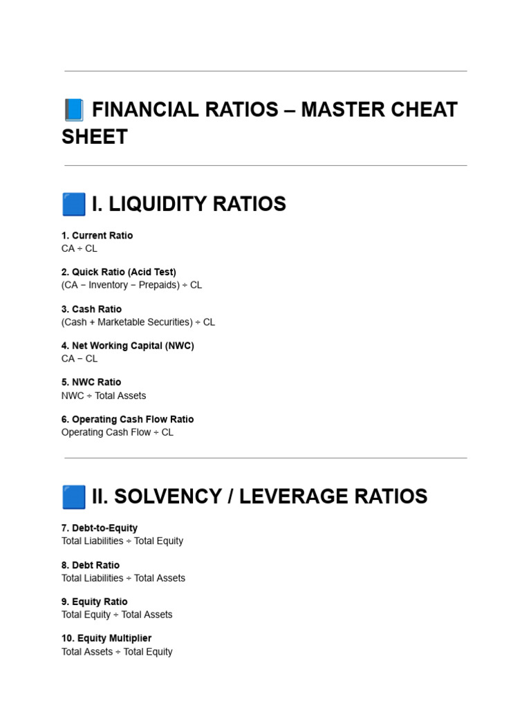 ? Financial Ratios - Master Cheat Sheet | PDF | Equity (Finance) | Dividend