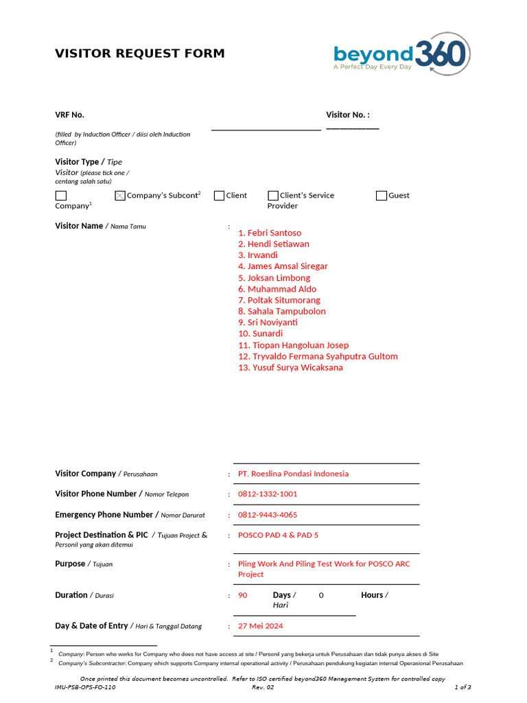 VRF (Visitor Request Form) | PDF