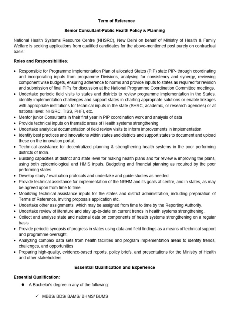 Sr. Consultant - PHP&P Final TOR | PDF
