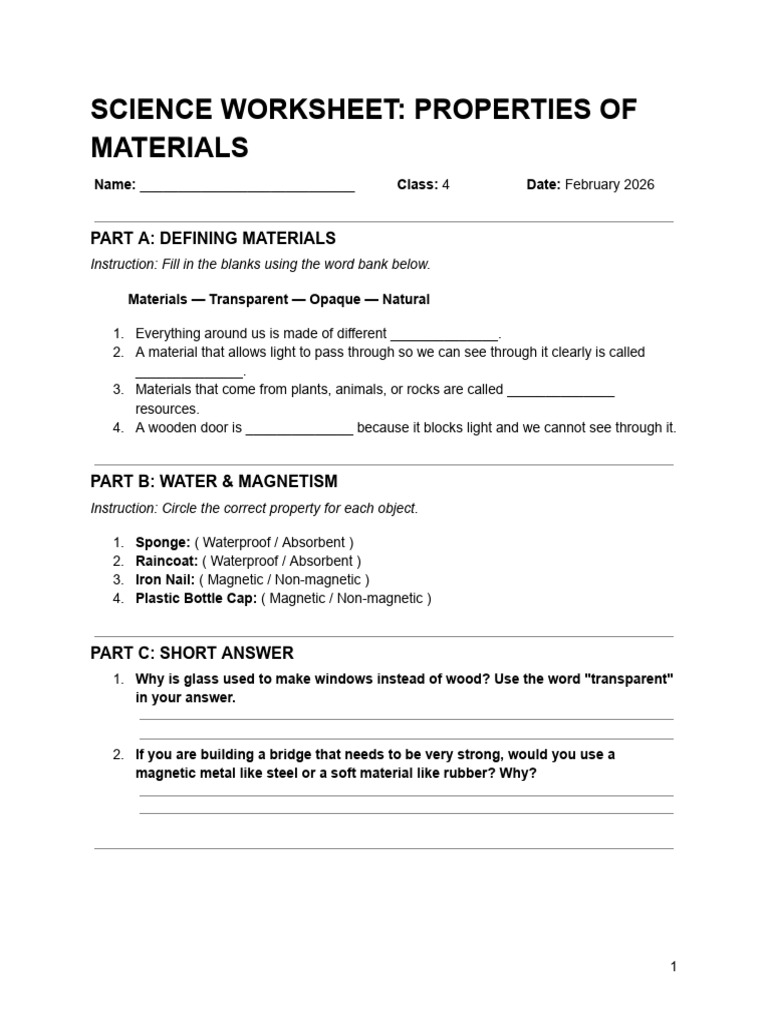 Science Worksheet - Properties of Materials | PDF