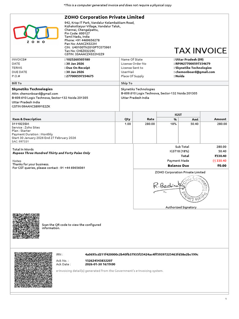 1025260505180 | PDF | Invoice | Payments