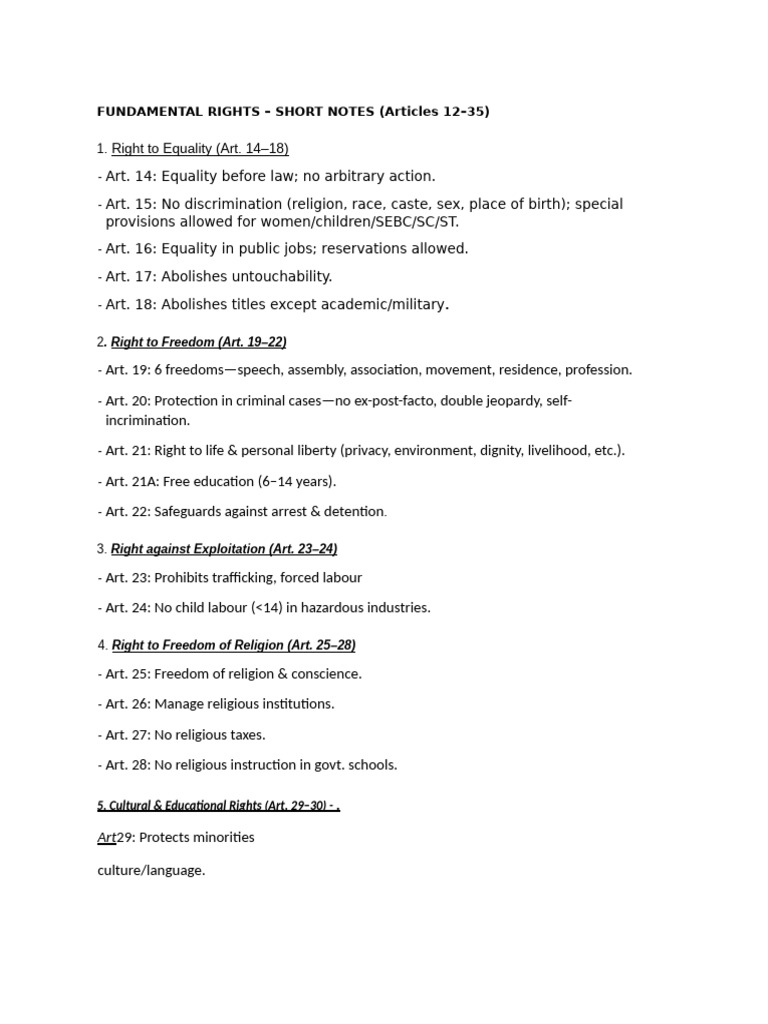 Fundamental Rights Short Notes | PDF