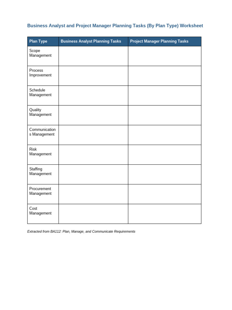 BA and PM Planning Tasks Worksheet | PDF