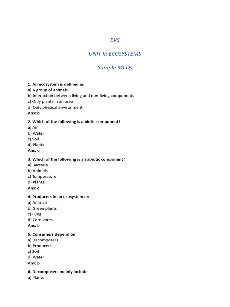 EVS UNIT 2 - MCQS | PDF | Ecosystem | Food Web