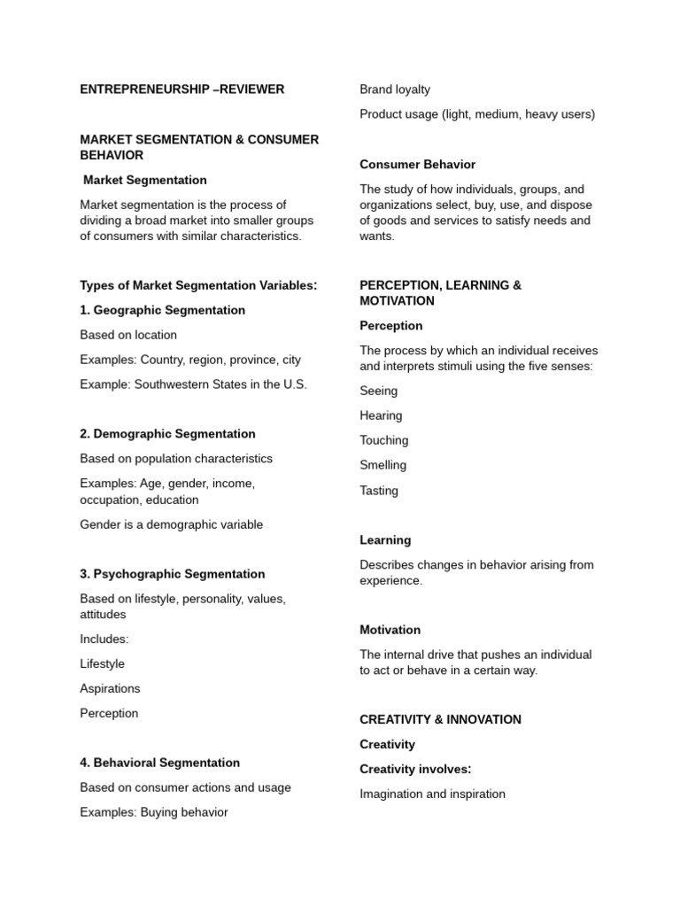 Entrepreneurship Reviewer | PDF | Entrepreneurship | Market Segmentation