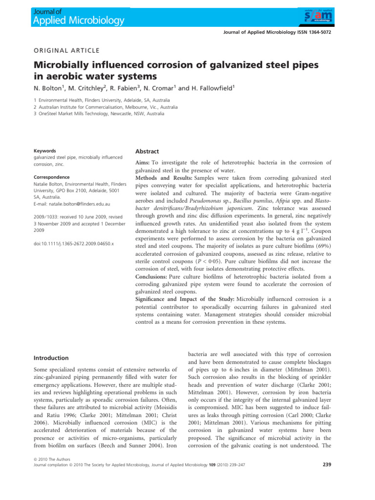 Microbially Influenced Corrosion of Galvanized Steel Pipes | PDF ...