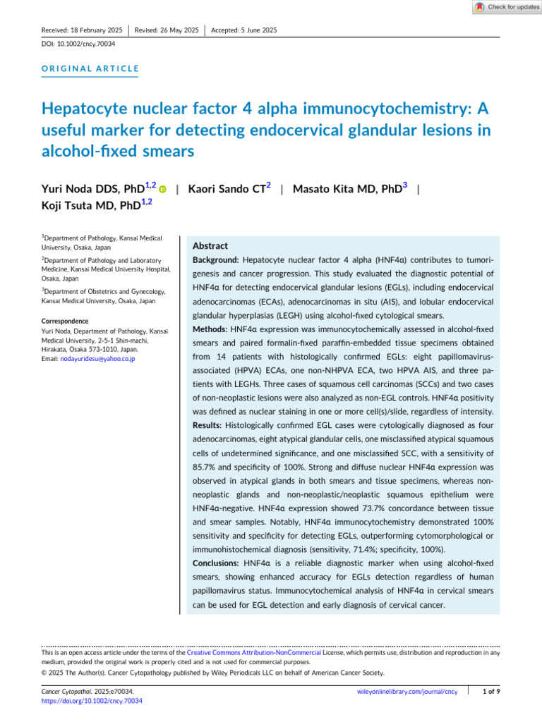 Cancer Cytopathology - 2025 - Noda - Hepatocyte Nuclear Factor 4 Alpha ...