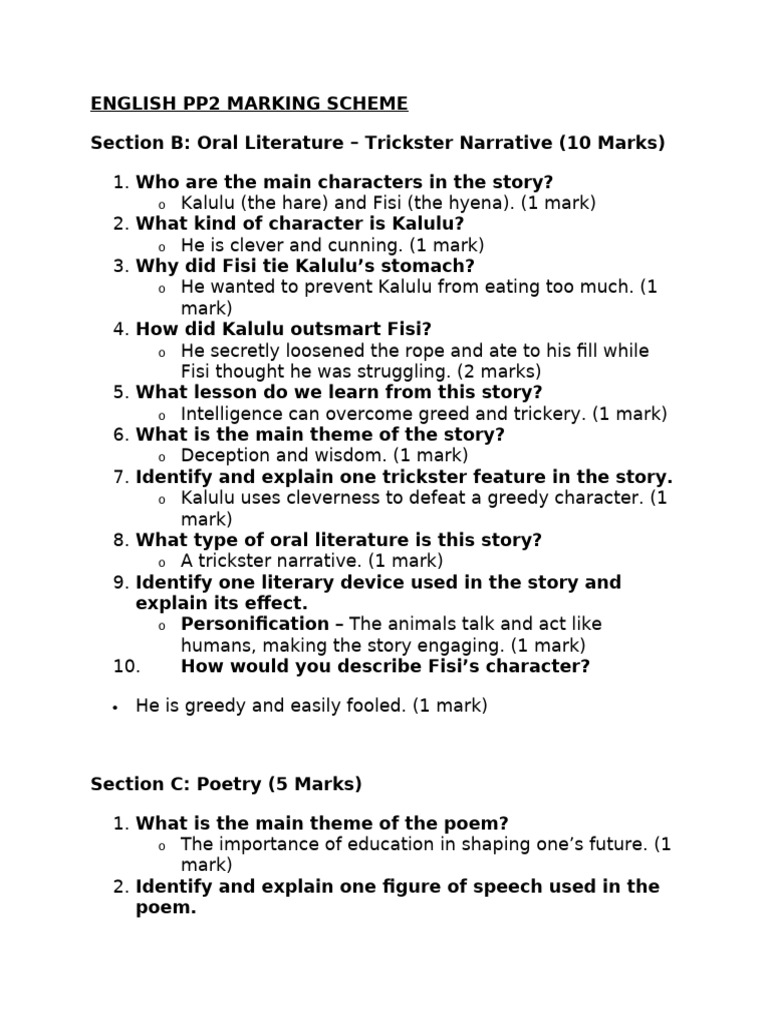 ENGLISH PP2 MARKING SCHEME | PDF